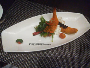 fried pumpkin with goat cheese foam salad with balsamic caviar and cherry tomato confit